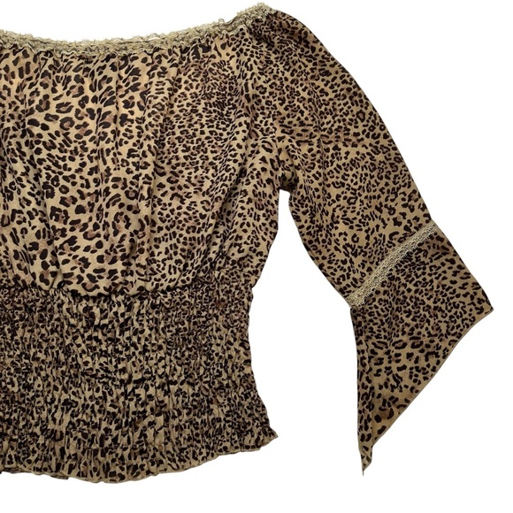 Piano Vintage Y2K Cheetah Print Mobwife Renaissance Smocked Bell Sleeve Top SZ M - Picture 7 of 12